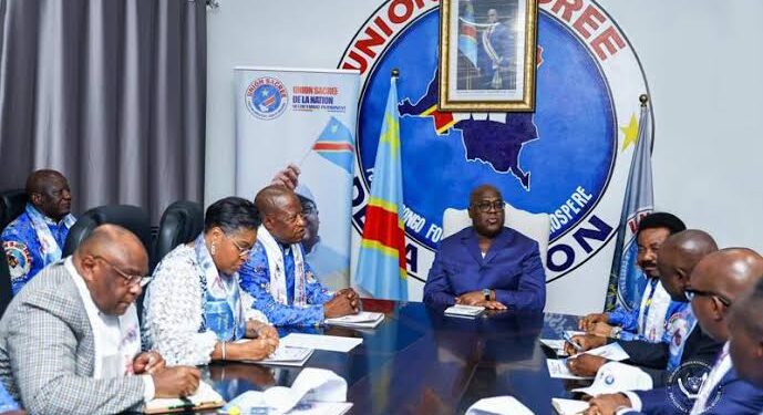President Félix Tshisekedi in a meeting with members of the Presidium of the Union Sacrée de la Nation. Kinshasa, August 2, 2025. Photo: Presidency of the Republic / Radio Okapi.