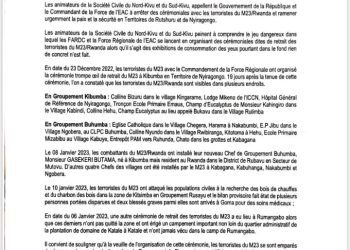 Guerre à l’Est de la RDC : neuf groupements sont sous contrôle du M23 au Nord-Kivu (Communiqué conjoint)