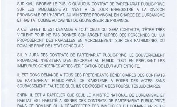 Sud-Kivu: le ministère provincial de l’urbanisme de l’habitat demande à la population de ne pas se faire escroquer suite aux parcelles en morcellement