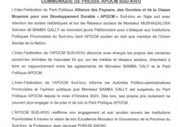 Sud-Kivu: les propos de Mushagalusa Salvator dit Bamba Gally dans les médias et réseaux sociaux n’engagent en rien le parti politique APOCM (Communiqué)