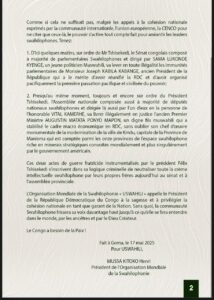 ommuniqué officiel de l’Organisation Mondiale de la Swahilophonie (USWAHILI) dénonçant une guerre fratricide orchestrée, selon elle, contre les Congolais d’expression Kiswahili dans l’Est de la RDC.